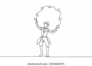 Single one line drawing male juggler juggling balls. Combination of dexterity and concentration. Entertaining show. The expert. International Jugglers Day. Continuous line design graphic illustration