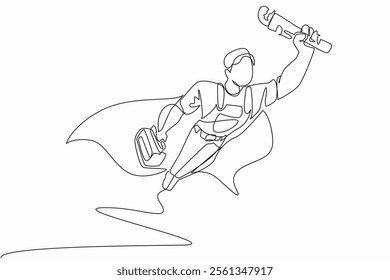 Single one line drawing male plumber flying with equipment in hand. Super hero who is always ready anytime. The expert. Professional. National Plumber Day. Continuous line design graphic illustration