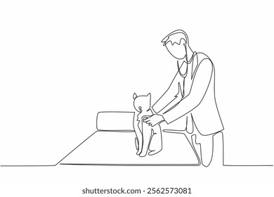 Single one line drawing male veterinarian examining the chest of a cat sitting on a treatment bed. Undergoing further checks. Job. World Veterinary Day. Continuous line design graphic illustration