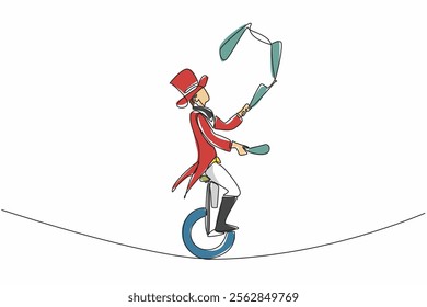 Single one line drawing male juggler juggling clubs on a unicycle and on a rope.  The experienced professional. Great balance. International Jugglers Day. Continuous line design graphic illustration