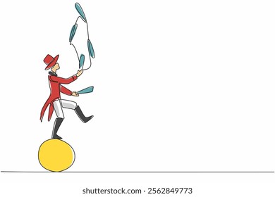 Single one line drawing male juggler playing juggling club on a large rubber ball. Bold and great action. Amaze the audience. International Jugglers Day. Continuous line design graphic illustration