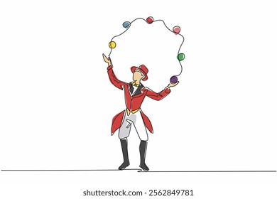 Single one line drawing male juggler juggling balls. Combination of dexterity and concentration. Entertaining show. The expert. International Jugglers Day. Continuous line design graphic illustration