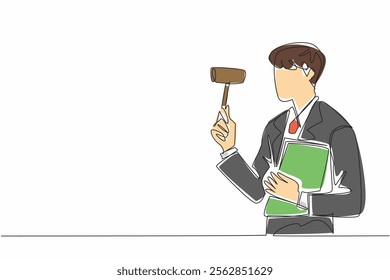 Single one line drawing male auctioneer in suit holds and lifts wooden hammer and stacks of papers. The auction will open soon. National Auctioneers Day. Continuous line design graphic illustration