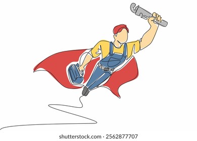 Single one line drawing male plumber flying with equipment in hand. Super hero who is always ready anytime. The expert. Professional. National Plumber Day. Continuous line design graphic illustration