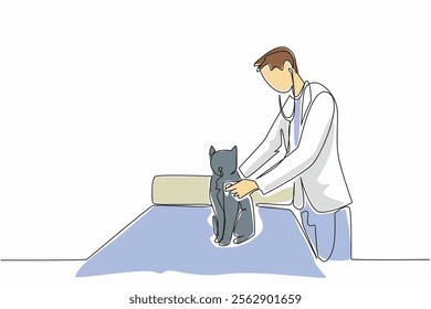 Single one line drawing male veterinarian examining the chest of a cat sitting on a treatment bed. Undergoing further checks. Job. World Veterinary Day. Continuous line design graphic illustration