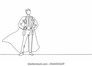 Single one line drawing male doctor standing wearing robe and wings. Completed major surgical task. Emergency. The true super hero. National Superhero Day. Continuous line design graphic illustration