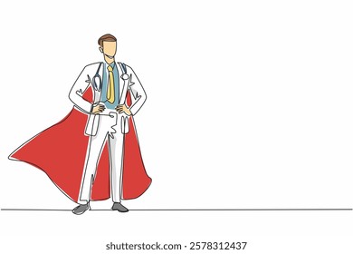 Single one line drawing male doctor standing wearing robe and wings. Completed major surgical task. Emergency. The true super hero. National Superhero Day. Continuous line design graphic illustration