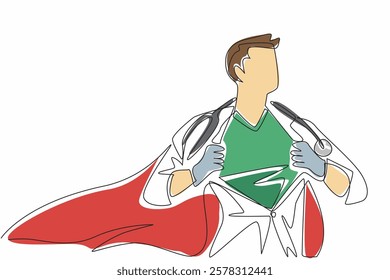 Single one line drawing male doctor wearing robe and wings. Worker who must always be ready when needed at any time. Professional. National Superhero Day. Continuous line design graphic illustration