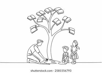 Single one line drawing male teacher plants a tree whose leaves are books. Play a role in fostering interest in reading. Education. National Day of Teacher. Continuous line design graphic illustration
