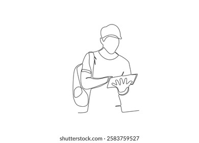 Single one line drawing a Male student looking at books in library. online education concept. Single line draw design vector graphic illustration
