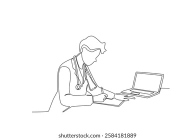 Single one line drawing a Male doctor recording patient complaints online. Continuous line draw design graphic vector illustration
