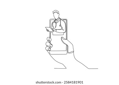 Single one line drawing a Male doctor connecting with patient via mobile phone. Continuous line draw design graphic vector illustration
