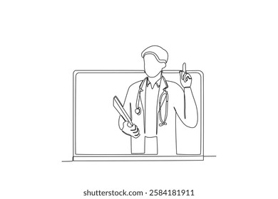 Single one line drawing a Male doctor giving directions to patient virtually. Continuous line draw design graphic vector illustration
