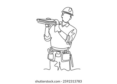 Single one line drawing male carpenter in uniform carrying stack of wooden boards. Building construction worker or home decor services. Modern continuous line draw design graphic vector illustration