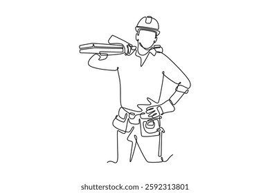 Single one line drawing male construction worker or carpenter with helmet carrying pile woods. Home decor building maintenance services. Modern continuous line draw design graphic vector illustration