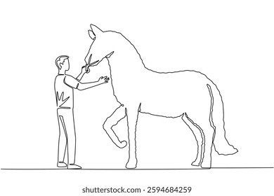 Single one line drawing a male gardener stands holding tree shears shaping a tree into a horse. Made with detail and precision. Hobby. World Topiary Day. Continuous line design graphic illustration