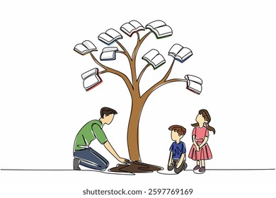 Single one line drawing male teacher plants a tree whose leaves are books. Play a role in fostering interest in reading. Education. National Day of Teacher. Continuous line design graphic illustration