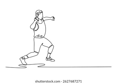 Um único atleta masculino de desenho linha se preparando para atirar tiro na competição de atletismo. Lançando um tiro esférico pesado com precisão. Desenho de linha contínua moderna desenho gráfico vetor ilustração