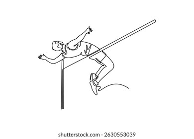 Single one line drawing male athlete practicing at sports stadium, doing high jump. Agile, explosive, precision, flexibility, and power. Modern continuous line draw design graphic vector illustration