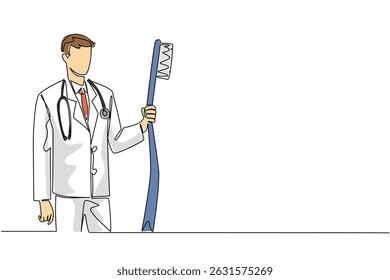 Single one line drawing male doctor in full medical attire holding big toothbrush. Provides directions on how to brush teeth properly. National Dentist Day. Continuous line design graphic illustration