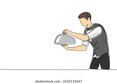 Single one line drawing a male waitstaff wears bow tie serving order with a metal tray and cloche. The most professional worker. National Waitstaff Day. Continuous line design graphic illustration