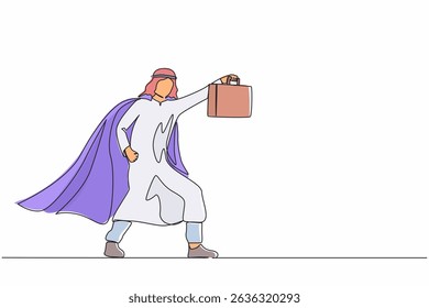 Single one line drawing male businessman superhero standing with suitcase. Portrait of young Arabian worker. Office, business, employee concept. Continuous line draw design graphic vector illustration