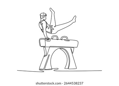 Single one line drawing male gymnast performing on pommel horse competition artistic gymnastics. Male athlete doing complicated exciting trick. Continuous line draw design graphic vector illustration