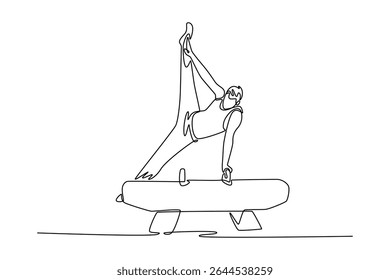 Single one line drawing male gymnast doing a scissor kick on the pommel horse. Flexible man athlete training in gym. Healthy lifestyle. Modern continuous line draw design graphic vector illustration