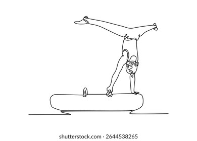 Uma única linha desenhando ginasta masculino se apresentando em cavalo almiscarado na competição nacional de ginástica. Um atleta fazendo pedestal a cavalo. Desenho de linha contínua moderna desenho gráfico vetor ilustração