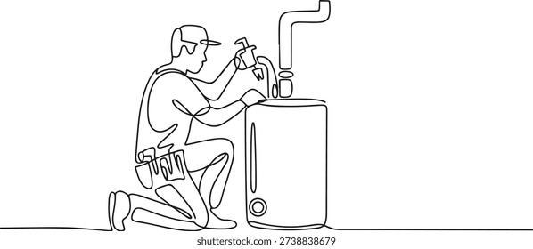 Single one line drawing male plumber in overall is installing water heater or boiler. Home repair, maintenance and plumbing services. Handyman concept. one line Icon drawing
