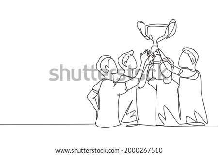 Single one line drawing male athlete team in sports jersey holding golden trophy together. Celebrating victory of international championship. Continuous line draw design graphic vector illustration