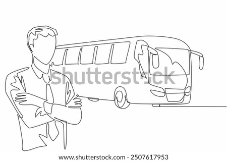 Single one line drawing male driver cross hand on chest. Repairs have been made. The bus will be out of the garage soon. Transit Driver Appreciation Day. Continuous line design graphic illustration