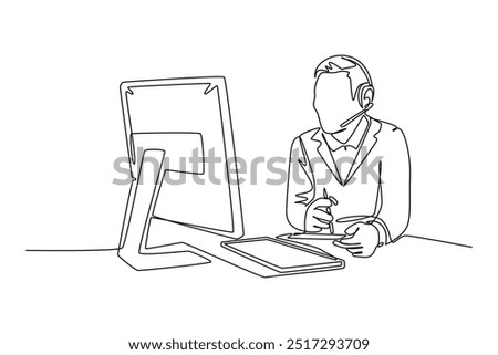 Single one line drawing male call center worker writing some notes in front of monitor while handle customer complaint. Customer service care. Continuous line draw design graphic vector illustration