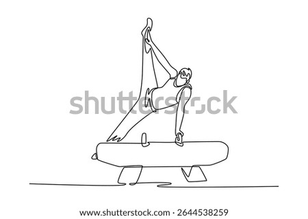 Single one line drawing male gymnast doing a scissor kick on the pommel horse. Flexible man athlete training in gym. Healthy lifestyle. Modern continuous line draw design graphic vector illustration