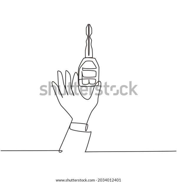 Single one line drawing male hand holding\
car key. Car sales theme. Hand of car salesman manager holding key\
isolated on white backdrop. Modern continuous line draw design\
graphic vector\
illustration