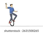 Single one line drawing man riding unicycle waving his hand. Greet the audience with a wave. Reckless show without safety equipment. Ride a Unicycle Day. Continuous line design graphic illustration