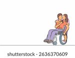 Single one line drawing man in wheelchair after car accident and his wife to give encouragement. Mutual care has made people with disabilities equality in society. Continuous line draw design vector