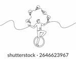 Single one line drawing a man in casual clothes riding unicycle and juggling 5 light bulbs. Train balance and creativity. Creative. National Creativity Day. Continuous line design graphic illustration