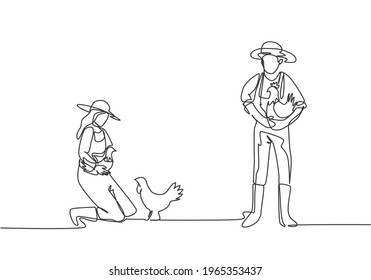 Single one line drawing of man farmer carried the chicken with both hands. The female farmer knelt down to pick up the chicken. Farming concept. Continuous line draw design graphic vector illustration