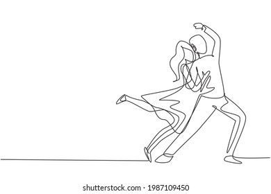 Single one line drawing man and woman performing dance at school, studio, party. Male and female characters dancing tango at night club. Modern continuous line draw design graphic vector illustration