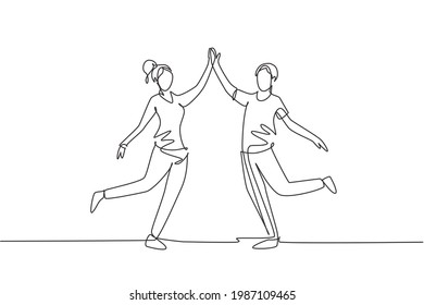 Single one line drawing man and woman performing dance at school, studio, party. Male and female characters dancing tango at Milonga. Modern continuous line draw design graphic vector illustration