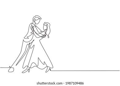 Single one line drawing man and woman romantic professional dancer couple dancing tango, waltz dances on dancing contest dancefloor. Modern continuous line draw design graphic vector illustration