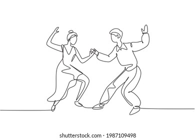 Single one line drawing man and woman dancing Lindy hop or Swing. Male and female characters performing dance at school or party night. Modern continuous line draw design graphic vector illustration