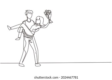 Single one line drawing man holding a woman and making marriage proposal with bouquet. Boy in love giving flowers. Happy couple getting ready for wedding. Continuous line draw design graphic vector
