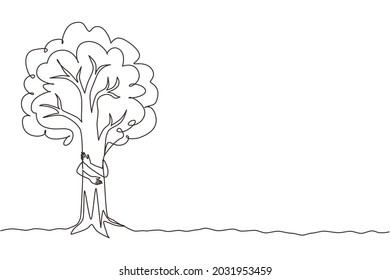 Single one line drawing man hugging tree in park  Symbol loving plants   the environment  Agriculture  Earth day  ecology concept  Modern continuous line draw design graphic vector illustration