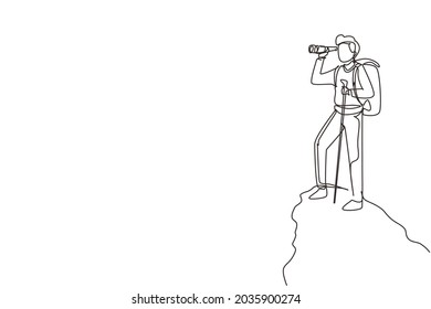 Single one line drawing man trekking on mountain. Young male traveling in mountains, standing on top, looking in binoculars. Tourist outdoor. Continuous line draw design graphic vector illustration