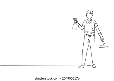 Single one line drawing man cleaning and tidying home, male wiping window glass with detergents and special supplies. Cleanup and housekeeping of apartment or house. Continuous line draw design vector