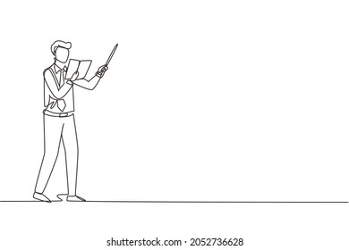 Single one line drawing man teacher standing with open book, pointer in front of classroom teaching lesson. Professor at university is giving lecture. Continuous line draw design vector illustration