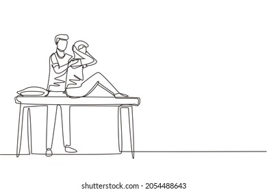 Single one line drawing man sitting on massage table masseur doing healing treatment massaging injured patient manual physical therapy rehabilitation. Continuous line draw design vector illustration