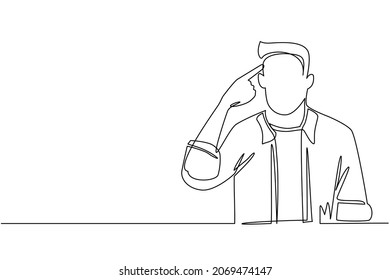 Single one line drawing man touching his temples and remembering something. Male holding finger on head and feeling tired exhausted, chronic work stress. Continuous line draw design graphic vector